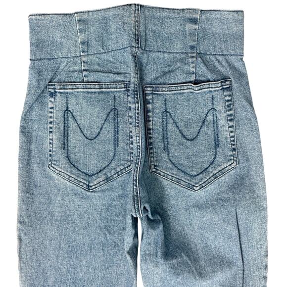 Show Me Your Mumu Blue Austin Pull On Flare Raw Fray Hem Jeans Agua Fria Size M - Picture 9 of 12